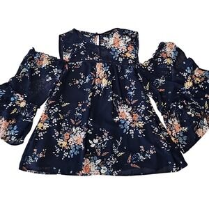 Lucky Brand Navy and Orange Cold Shoulder Boho Floral Top XL